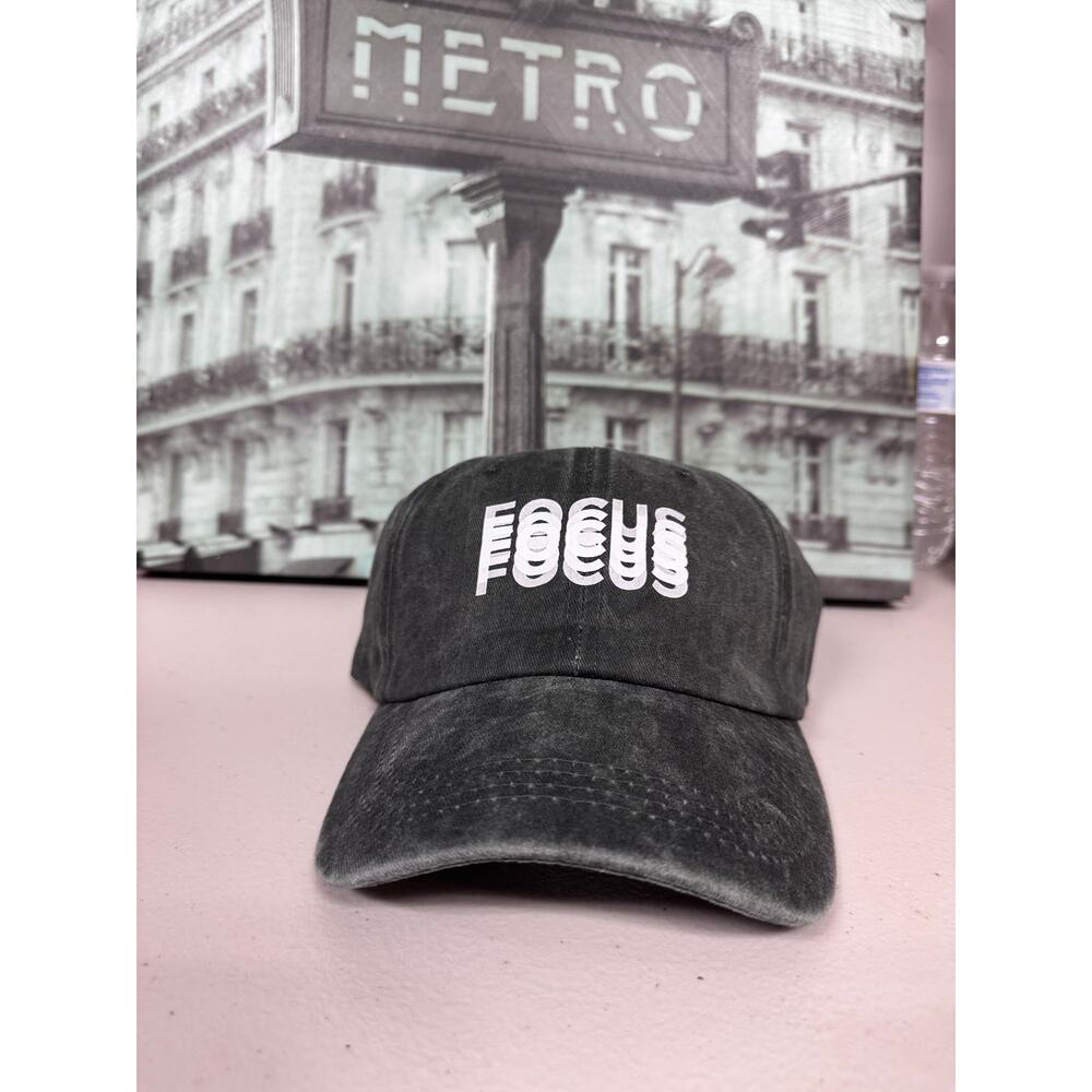 Washed Black Distressed FOCUS Graphic Cotton Dad Hat